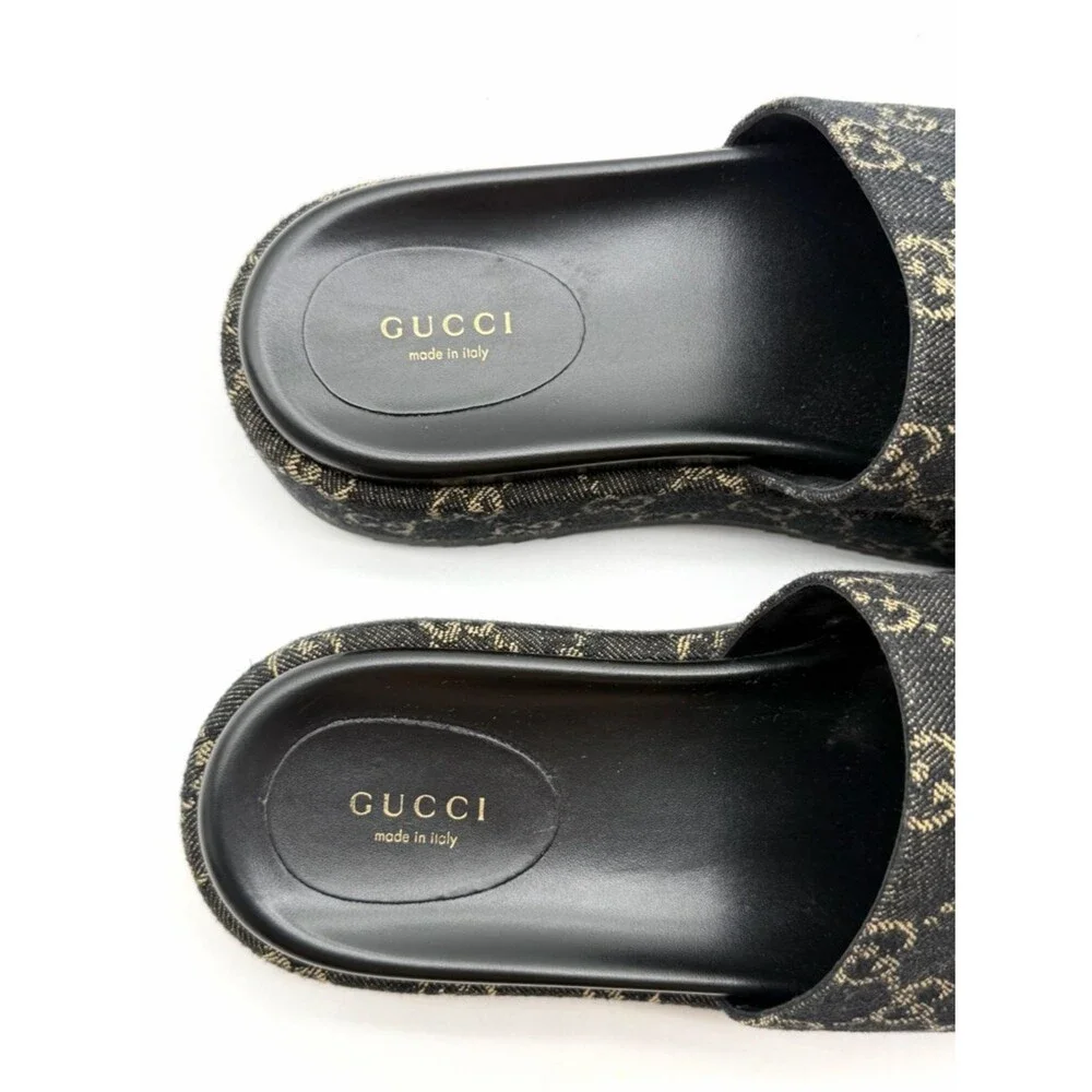 Gucci Angelina GG Monogram Platform in Black Denim Slide Sandals EU 39.5 US 9.5